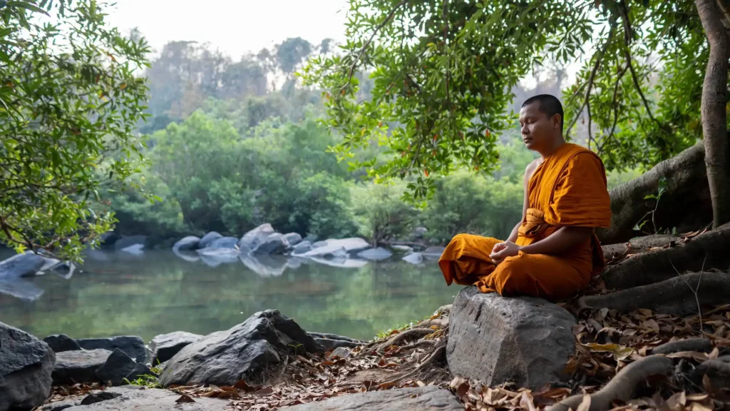 Buddhistischer Mönch meditiert unter einem grünen Baum an einem kleinen See. Er ist, wie ich finde, ein gutes Beispiel, wie schön Meditation in der Natur sein kann und dass man nichts dazu braucht.